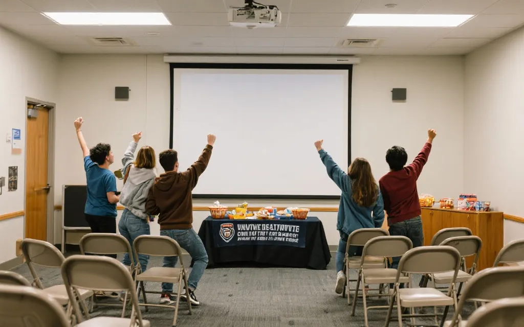 校园活动室布置成观赛派对，投影幕布、简洁横幅与零食桌